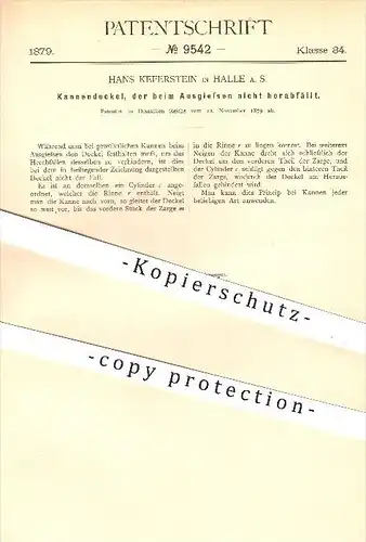 original Patent - Hans Keferstein , Halle an der Saale , 1879 , Kannendeckel , Kanne , Kaffeekanne , Haushalt , Geschirr