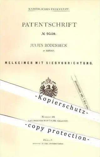 original Patent - Julius Rodenbeck , Minden , 1879, Melkeimer mit Sieb , Melken , Eimer , Kanne , Milch , Kuh , Landwirt