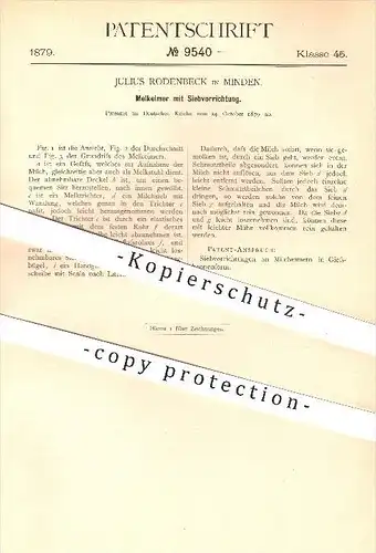 original Patent - Julius Rodenbeck , Minden , 1879, Melkeimer mit Sieb , Melken , Eimer , Kanne , Milch , Kuh , Landwirt