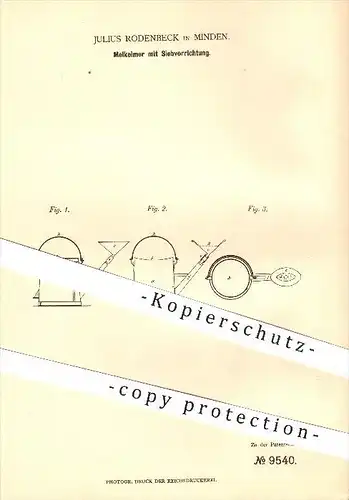 original Patent - Julius Rodenbeck , Minden , 1879, Melkeimer mit Sieb , Melken , Eimer , Kanne , Milch , Kuh , Landwirt