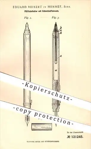 original Patent - Eduard Reisert , Hennef , Sieg. , 1900 , Füllfederhalter mit Schreibstifteinsatz , Federhalter , Stift