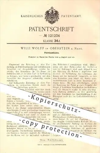 original Patent - Willi Wolff in Oberstein a. Nahe , 1900 , Petroleumkanne , Petroleum , Kanne , Kolben !!!