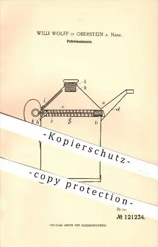 original Patent - Willi Wolff in Oberstein a. Nahe , 1900 , Petroleumkanne , Petroleum , Kanne , Kolben !!!