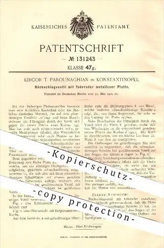 original Patent - Kircor T. Parounaghian , Konstantinopel , Istanbul , 1901, Rückschlagventil mit Metall-Platte , Ventil