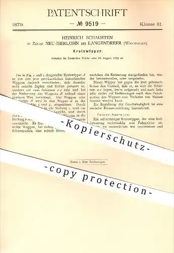 original Patent - Heinrich Schausten in Zeche Neu - Iserlohn bei Langendreer , 1879 , Kreiswipper , Transport , Gleise !