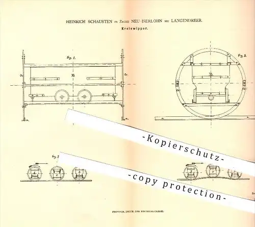 original Patent - Heinrich Schausten in Zeche Neu - Iserlohn bei Langendreer , 1879 , Kreiswipper , Transport , Gleise !