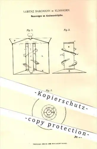 original Patent - Lorenz Bargmann in Elmshorn , 1879 , Kochwaschtopf , Kochtopf , Kochwäsche , Kochen , Haushalt !!!