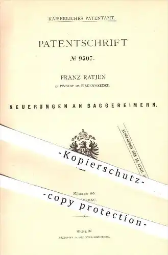 original Patent - Franz Ratjen in Pinnow bei Birkenwerder , 1879 , Bagger - Eimer , Wasserbau , Wasser , Beförderung !!!