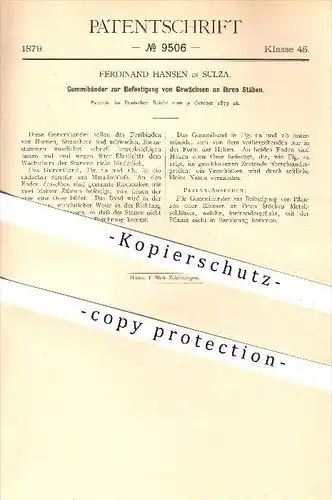 original Patent - Ferdinand Hansen in Sulza , 1879 , Gummiband zur Befestigung von Gewächsen , Gärtner , Landwirtschaft