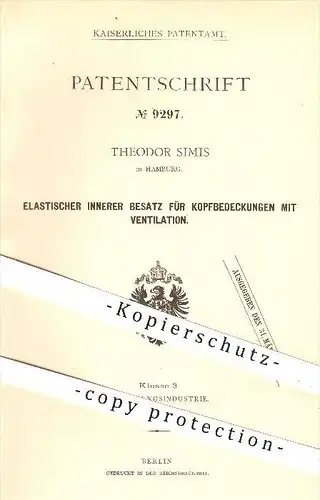 original Patent - Theodor Simis in Hamburg , 1879 , Innerer Besatz für Kopfbedeckungen mit Ventilation , Hut , Hüte !!!
