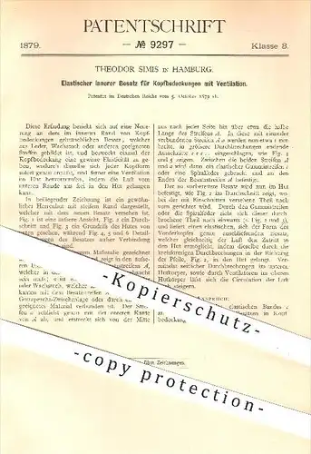 original Patent - Theodor Simis in Hamburg , 1879 , Innerer Besatz für Kopfbedeckungen mit Ventilation , Hut , Hüte !!!