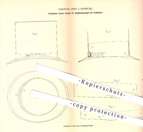 original Patent - Theodor Simis in Hamburg , 1879 , Innerer Besatz für Kopfbedeckungen mit Ventilation , Hut , Hüte !!!