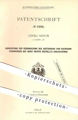 original Patent - Adolf Sieler in Hagen , i. W. , 1879 , Verhinderung des Auffahrens von Eisenbahnen , Eisenbahn !!!