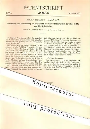 original Patent - Adolf Sieler in Hagen , i. W. , 1879 , Verhinderung des Auffahrens von Eisenbahnen , Eisenbahn !!!