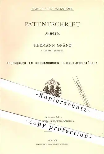 original Patent - Hermann Gränz in Limbach , 1879 , mechanischer Petinet - Wirkstuhl , Stricken , Flechten , Stuhl !!!