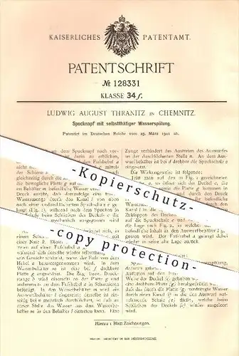 original Patent - Ludwig August Thranitz in Chemnitz , 1901 , Spucknapf mit selbsttätiger Wasserspülung , Spuckschale !