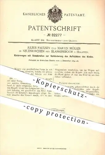 original Patent - J. Paulsen u. M. Möller , Neuenkirchen , Blankenmoor , Holstein , 1894 , Kinderwagen mit Schutzrollen