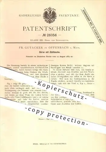 original Patent - Fr. Gutacker in Offenbach am Main , 1883 , Börse mit Zähltasche , Brieftasche , Geldtasche , Geld !!!