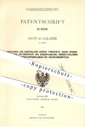 original Patent - Felix de Lalande in Paris , 1879 , Herstellung grüner Farbstoffe , Grün , Farbe , Chemie !!!