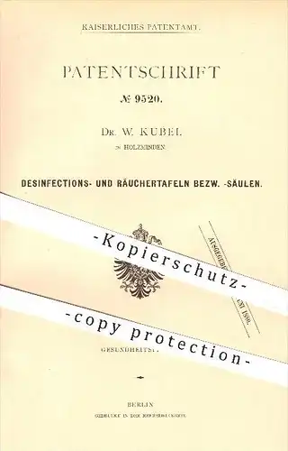 original Patent - Dr. W. Kubel , Holzminden , 1879 , Desinfektion - Tafel , Räuchertafel bzw. -säule , Medizin , Gips