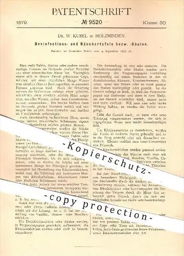 original Patent - Dr. W. Kubel , Holzminden , 1879 , Desinfektion - Tafel , Räuchertafel bzw. -säule , Medizin , Gips