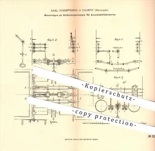 original Patent - Karl Schnippering , Haardt , 1879, Seitenkupplung für Eisenbahnen , Eisenbahn , Kupplung , Fahrzeugbau