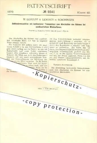 original Patent - W. Lefeldt & Lentsch in Schöningen , 1879 , Schleudermaschine , Milch , Rahm , Landwirtschaft , Bauer