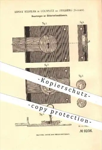 original Patent - Ernst Kessler in Colmnitz bei Freiberg , 1879 , Sicherheitsschloss , Schloss , Schlosserei , Tür !!!
