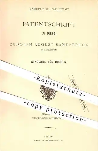 original Patent - Rudolph August Randebrock in Paderborn , 1879 , Windlade für Orgeln , Orgel , Kirchenorgel , Kirche !!