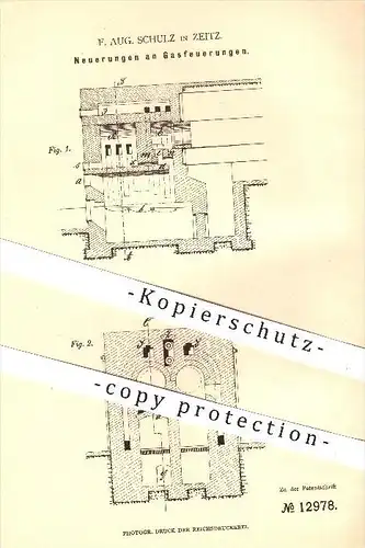 original Patent - F. Aug. Schulz in Zeitz , 1895 , Gasfeuerung , Gas , Ofen , Öfen , Ofenbauer , Heizung , Feuerung !!!