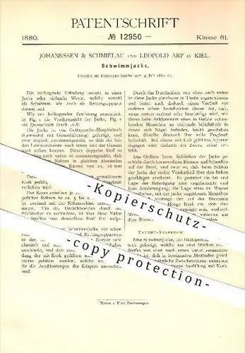 original Patent - Johannsen & Schmielau und Leopold Arp in Kiel , 1880 , Schwimmjacke , Schwimmweste , Schwimmen !!!