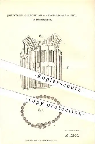 original Patent - Johannsen & Schmielau und Leopold Arp in Kiel , 1880 , Schwimmjacke , Schwimmweste , Schwimmen !!!