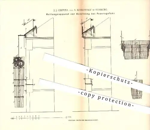 original Patent - J . J. Czepull u. A. Koskowsky in Hamburg , 1880 , Rettung bei Feuergefahr , Feuerwehr , Feuer , Brand