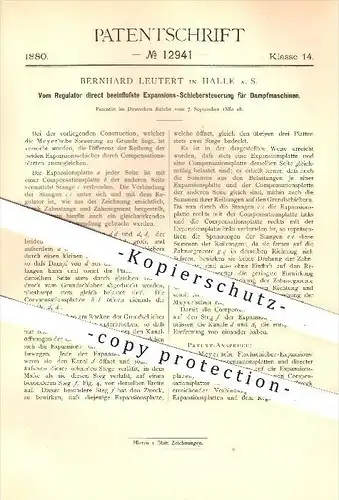 original Patent - Bernhard Leutert , Halle a. d. Saale , 1880 , Expansions - Schieber - Steuerung für Dampfmaschinen