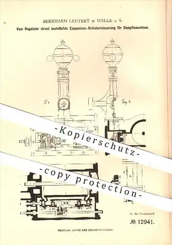original Patent - Bernhard Leutert , Halle a. d. Saale , 1880 , Expansions - Schieber - Steuerung für Dampfmaschinen
