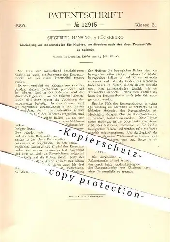 original Patent - Siegfried Hansing in Bückeburg , 1880 , Spannen der Resonanzböden am Klavier , Piano , Musikinstrument