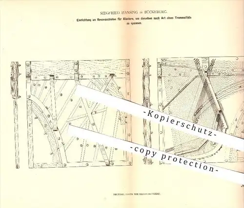 original Patent - Siegfried Hansing in Bückeburg , 1880 , Spannen der Resonanzböden am Klavier , Piano , Musikinstrument