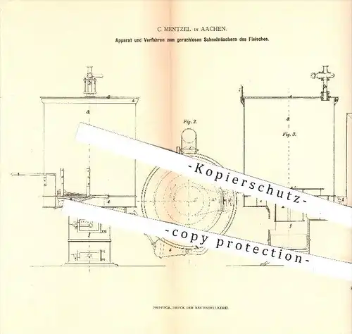 original Patent - C. Mentzel in Aachen , 1879 , Räuchern von Fleisch , Lebensmittel , Räucherofen , Ofen !!!