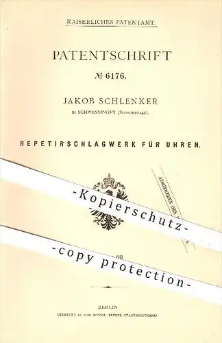 original Patent - Jakob Schlenker in Schwenningen , 1878 , Repetierschlagwerk für Uhren , Uhr , Uhrwerk , Uhrmacher