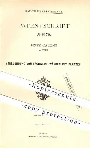 original Patent - F. Calons , Essen , 1879 , Verblendung von Fachwerk mit Platten , Hochbau , Zement , Granit , Fliesen