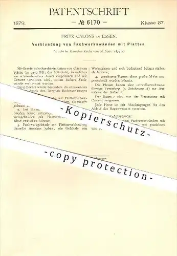 original Patent - F. Calons , Essen , 1879 , Verblendung von Fachwerk mit Platten , Hochbau , Zement , Granit , Fliesen