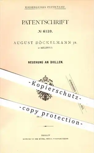 original Patent - August Böckelmann , Bielefeld , 1878 , Brille , Brillen , Sehhilfe , Optiker , Augen , Brillenglas !!!