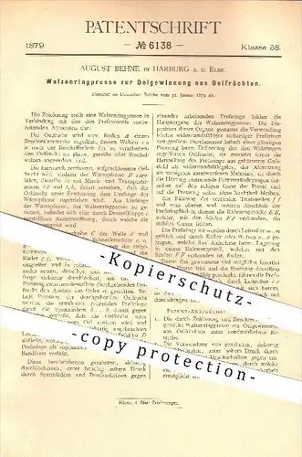 original Patent - August Behne in Harburg a. d. Elbe , 1879 , Presse zur Ölgewinnung aus Ölfrüchten , Öl , Pressen !!!