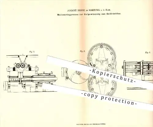 original Patent - August Behne in Harburg a. d. Elbe , 1879 , Presse zur Ölgewinnung aus Ölfrüchten , Öl , Pressen !!!