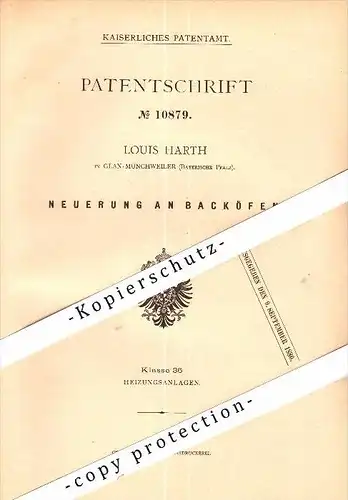 Original Patent - Louis Harth in Glan-Münchweiler , 1880 , Backofen , Bäckerei , Bäcker , Kusel !!!