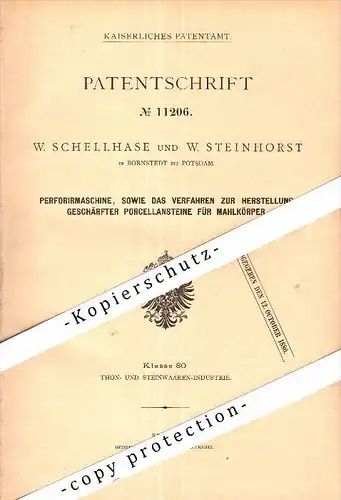 Original Patent - W. Schellhase und W. Steinhorst in Bornstedt b. Potsdam , 1879 , Maschine für Porzellan-Steine !!!