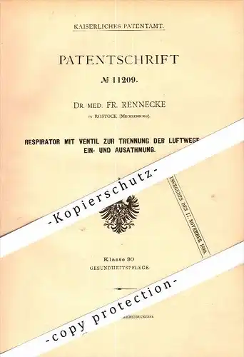 Original Patent - Dr. med. Frank Rennecke in Rostock i. Mecklenburg ,1879, Respirator für Luftwege , Atmung , Inhalation