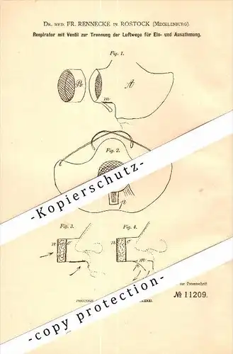 Original Patent - Dr. med. Frank Rennecke in Rostock i. Mecklenburg ,1879, Respirator für Luftwege , Atmung , Inhalation