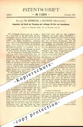 Original Patent - Dr. med. Frank Rennecke in Rostock i. Mecklenburg ,1879, Respirator für Luftwege , Atmung , Inhalation