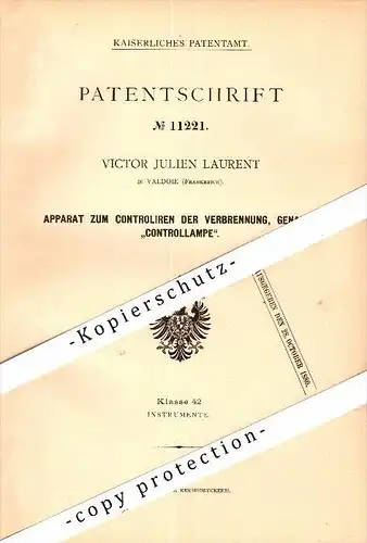Original Patent - Victor Julien Laurent à Valdoie , 1880 , Témoin de contrôle pour la combustion , Wedau !!!
